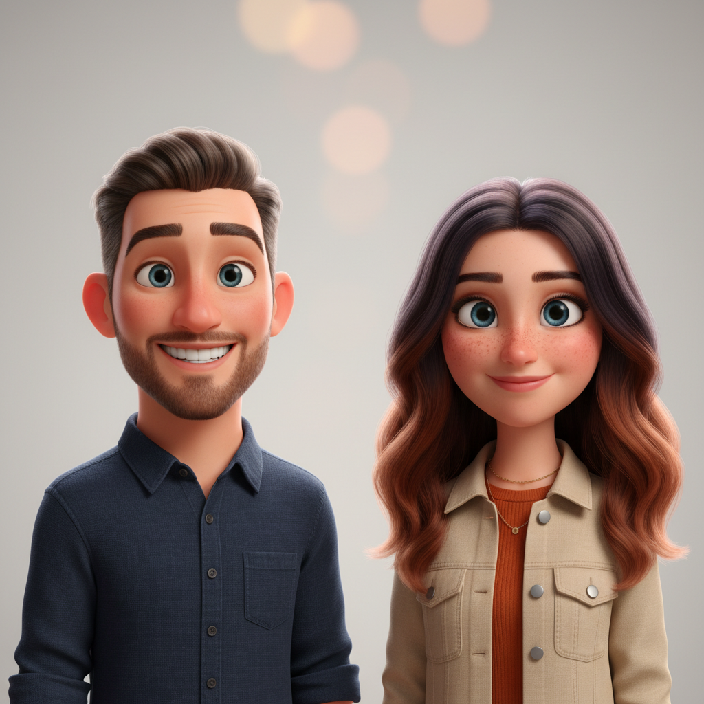 Character sheet — stylized versions of the cast for consistent illustrations