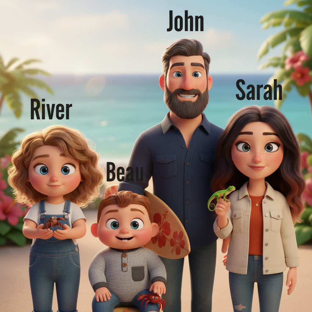 Character sheet — stylized versions of the cast for consistent illustrations