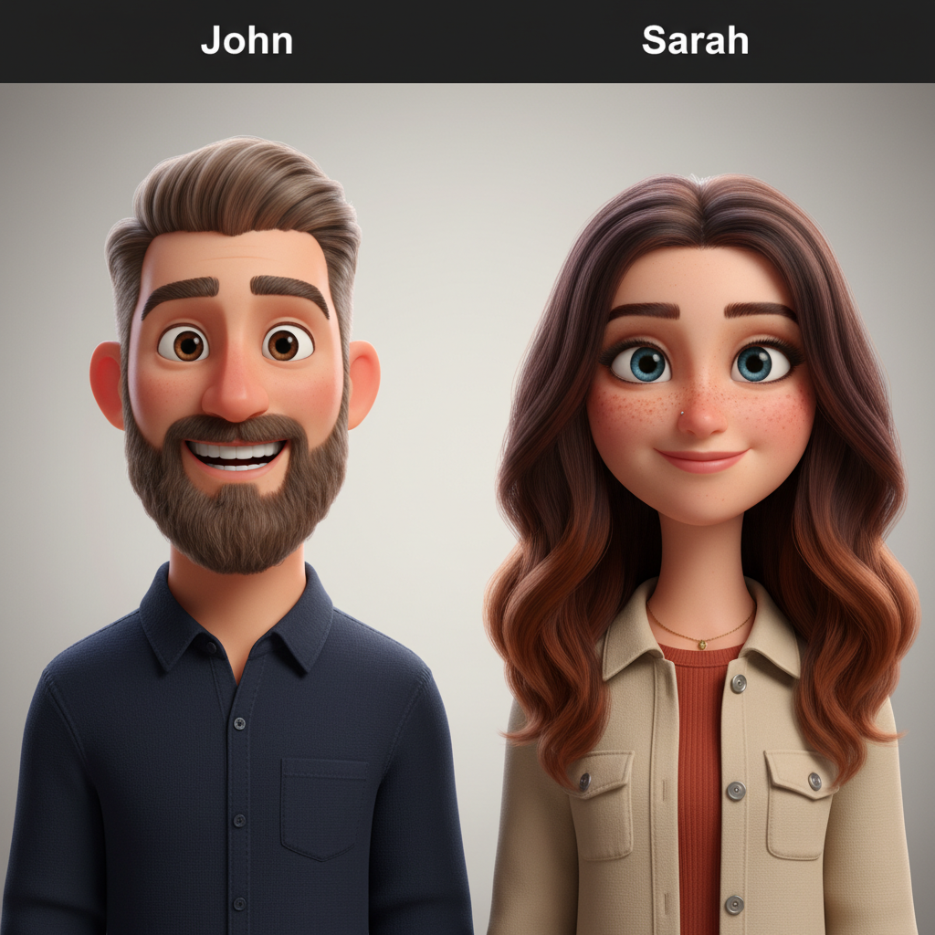 Character sheet — stylized versions of the cast for consistent illustrations