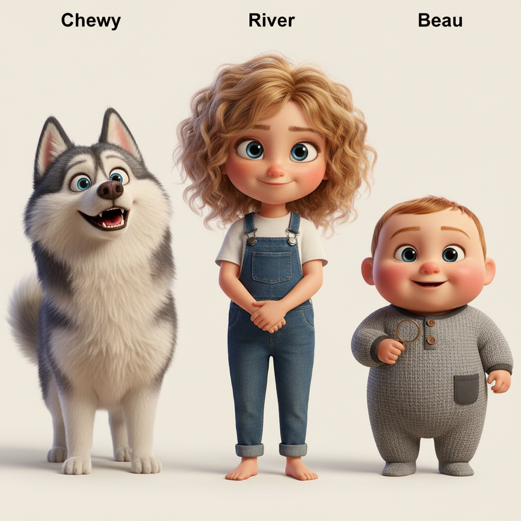 Character sheet — stylized versions of the cast for consistent illustrations