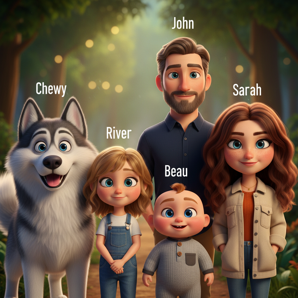 Character sheet — stylized versions of the cast for consistent illustrations